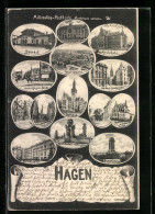 AK Hagen, Bismarckturm, Südstrasse, Rathaus, Realschule  - Hagen