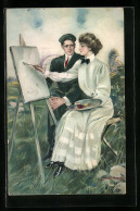 Künstler-AK Clarence F. Underwood: Kunst Und Liebe, Dame Mit Farbpalette Malt Im Freien  - Underwood, Clarence F.