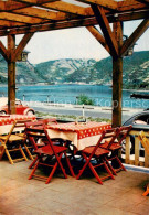 73856801 St Goarshausen Rhein Raststaette Loreley Terrasse Blick Auf Burg Katz  - Loreley