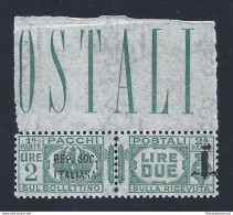 1944 RSI, PP N° 44  2 Lire Verde MNH/**  Sigla Fiecchi BORDO DI FOGLIO - Sonstige & Ohne Zuordnung