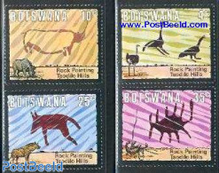 Botswana 1975 Cave Paintings 4v, Mint NH, Nature - Animals (others & Mixed) - Birds - Rhinoceros - Art - Cave Paintings - Prehistoria
