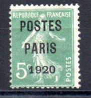 PRÉO N° 24a 5 C. Vert Clair - POSTES PARIS 1920 - Signé A.Brun - 1893-1947