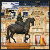 ESPAÑA (2018) Carte Maximum Card ATM - 50 Feria Plaza Mayor, Felipe III, Escudo, Coat Of Arms, Horse, Statue - Cartoline Maximum