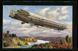 Künstler-AK Zeppelin über Idyllischer Landschaft  - Dirigibili