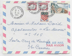 MARIANNE DECARIS 25CPAIRE +5C BLASON +1FR TOUQUET  LETTRE AVION HAUTE GOULIANE 9.1.1965 POUR ILES CANARIES AU TARIF - 1960 Marianne Of Decaris