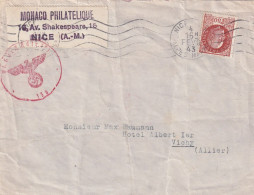 LETTRE. 4 FEV 43. PETAIN 1,50Fr. MONACO PHILATELIE. NICE POUR VICHY. CACHET CENSURE ALLEMANDE - 1921-1960: Période Moderne