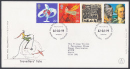 GB Great Britain 1999 FDC Travellers' Tale, Globe, Bicycle, Train, Captain Cook, Airplane, Railway, Pictorial Postmark - Brieven En Documenten