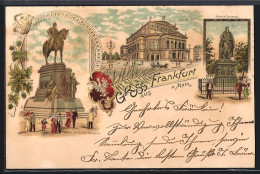 Lithographie Frankfurt A. Main, Goethe-Denkmal, Kaiser Wilhelm Denkmal, Opernhaus  - Frankfurt A. Main