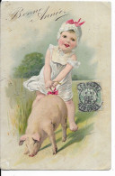 Animaux & Faune > Cochons Fillette à Califourchon Sur Un Cochon Carte Gaufrrée Bonne Année Illustrateur - Cerdos