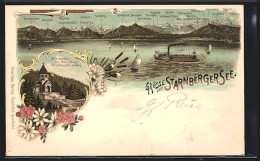 Lithographie Starnberg, Dampfer Bavaria Auf Dem Starnbergersee, Votiv-Kapelle Für König Ludwig II Im Schlosspark Zu   - Starnberg