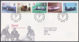 GB Great Britain 1998 FDC Speed, Car, Cars, Automobile, Land Speed Records, Pictorial Postmark, First Day Cover - Brieven En Documenten