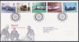 GB Great Britain 1998 FDC Speed, Car, Cars, Automobile, Land Speed Records, Pictorial Postmark, First Day Cover - Brieven En Documenten