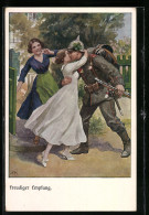 Künstler-AK Freudiger Empfang, Soldat Und Mädchen  - War 1914-18