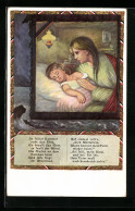 Künstler-AK Mutter Wacht über Den Schlaf Ihres Kindes, Spruch  - Guerra 1914-18