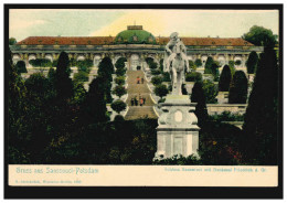 AK Gruss Aus Sanssouci: Schloss Mit Denkmal Friedrich Des Großen, Per Bahnpost - Sonstige & Ohne Zuordnung