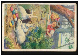 Künstler-AK Ostern Kinder Beobachten Hasen Beim Eier-Verstecken, Gelaufen - Autres & Non Classés