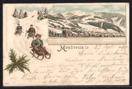 Winter-Lithographie Montreux, Blick Vom See Auf Den Ort, Rodler Auf Ihren Schlitten  - Montreux