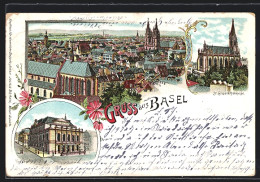 Lithographie Basel, Panoramaansicht, St. Elisabethenkirche, Theater  - Bazel