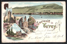 Lithographie Vevey, Le Château, Rue D`Italie, St. Martin, Panorama  - Vevey