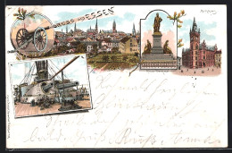 Lithographie Essen, Rathaus, Schiff, Und Krupp-Denkmal  - Essen