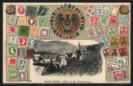 AK Baden-Baden, Blick Von Der Schlossterrasse, Versch. Briefmarken, Wappen  - Briefmarken (Abbildungen)