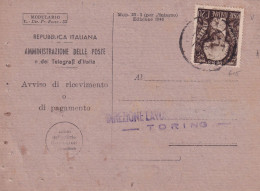 1949 Avviso Di Ricevimento Affrancato Con 20lire VITTORIO ALFIERI - Marcophilie