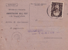 1949 Avviso Di Ricevimento Affrancato Con 20lire VITTORIO ALFIERI - Storia Postale