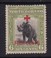 North Borneo: 1918   Red Cross OVPT - Surcharge - Rhinoceros    SG240   6c + 4c     MH - North Borneo (...-1963)