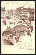 Lithographie Karlsruhe, Kaiserstrasse, Lauterberg, Gasthaus Schwarzwaldhaus  - Karlsruhe