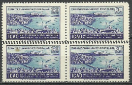 Turkey; 1950 ICAO Regional Congress 60 K. ERROR "Double Perf." Block Of 4 - Ongebruikt