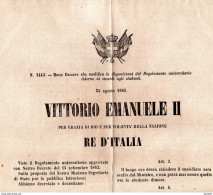 1863 MANIFESTO VITTORIO EMANUELE II - DECRETO REGOLAMENTO UNIVERSITARIO INTORNO AI SUSSIDI AGLI STUDENTI - Decretos & Leyes