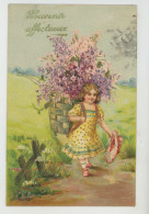 ENFANTS - LITTLE GIRL - Jolie Carte Fantaisie Gaufrée Fillette Avec Fleurs Lilas "Souvenir Affectueux " (embossed Card) - Kinder-Zeichnungen