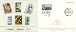 715767 MNH ESPAÑA Hojas Recuerdo 1973 HOMENAJE AL MEJOR FILATELICO DEL AÑO - ANDRES GRIFOL FOIX - Unused Stamps