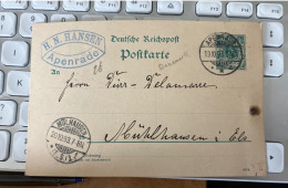 Entier Postal Danemark Danmark  Apenrade - Mulhouse 1893 H.N.Hansen - Postwaardestukken