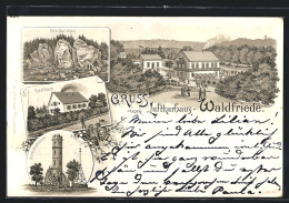 Lithographie Sobernheim /Nahe, GasthausWaldfriede, Forsthaus, Fels Beilstein  - Jagd