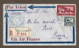 !!! INDOCHINE, LETTRE RECOMMANDÉE PAR AVION DE THUDAUMOT POUR LA FRANCE DE 1934 AVEC CACHET D'OBLITÉRATION BLEU - Luftpost