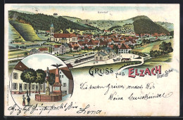 Lithographie Elzach /Bad. Schw., Bahnhof, Kriegerdenkmal Und Nikolaussäule, Ortsansicht  - Elzach