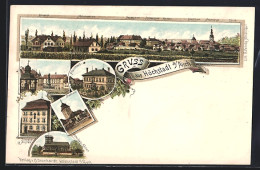 Lithographie Höchstadt A. Aisch, Scheidels Keller, Josephs-Anstalt, Pfarrhaus, Stadtturm  - Höchstadt