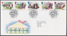 GB Great Britain 1994 FDC Summertime, Cricket, Tennis, Sailing, Sport, Sports, Pictorial Postmark, First Day Cover - Brieven En Documenten