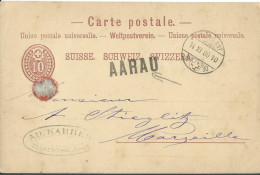SUISSE CARTE 10c MARQUE LINEAIRE AARAU + AMBULANT N°30 POUR MARSEILLE ( BOUCHES DU RHONE )  DE 1880  LETTRE COVER - Ganzsachen