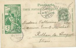 SUISSE CARTE 5c+5c MARQUE LINEAIRE WATTWYL + AMBULANT N°31 POUR ROTHAU ( BAS RHIN )  DE 1900  LETTRE COVER - Enteros Postales