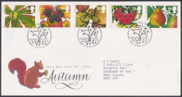 GB Great Britain 1993 FDC Autumn, Squirrel, Fruit, Fruits, Pictorial Postmark, First Day Cover - Covers & Documents