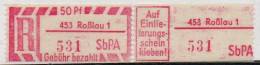 DDR Einschreibemarke Roßlau SbPA Postfrisch, EM2B-453-1II PU + Zh (Mi 2C) - R-Zettel