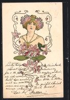 Künstler-AK E. Döcker: Schöne Frau Mit Blumen Im Haar Und Goldschmuck, Jugendstil  - Döcker, E.