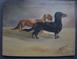 Huile Sur Toile - Couple De Chiens Type Basset - Signé N. Coorman - Vers 1900-1920 - Huiles