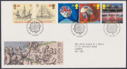 GB Great Britain 1992 FDC Europa Olympics, Columbus, Boat, Ship, Flag, Raleigh, Pictorial Postmark, First Day Cover - Briefe U. Dokumente