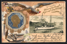 Lithographie Kanonenboot Iltis Vom Ostasiengeschwader, Portrait Kaiser Wilhelm II.  - China