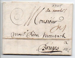 Marque Manuscrite 'De Nantes' Sur Lettre De 1705 Pour Bruges - 1701-1800: Précurseurs XVIII