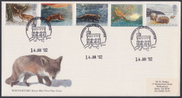 GB Great Britain 1992 FDC WIntertime, Fox, Rabbit, Deer, Bird, Sheep, Birds, Pictorial Postmark, First Day Cover - Cartas & Documentos