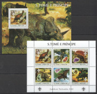O0068 2003 S.Tome & Principe Dinosaurs & Minerals Scouting Fauna 1Bl+1Kb Mnh - Préhistoriques